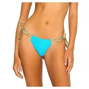 Beach Bunny Bikini Bottom XL Madagascar Glam Tie Carribean Blue Gold Rhinestones